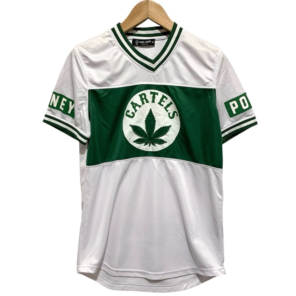 Rebel Minds Graphic Jersey Cartels Money Power Respect White Green V Neck Medium